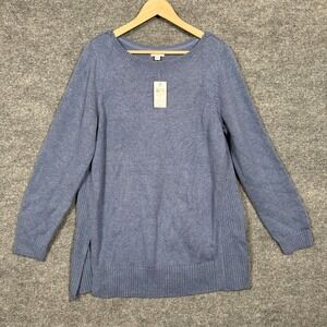 New J.Jill Large Sweater Blue Ribbed Knit‎ Crew Neck Pullover Slits Long Sleeves